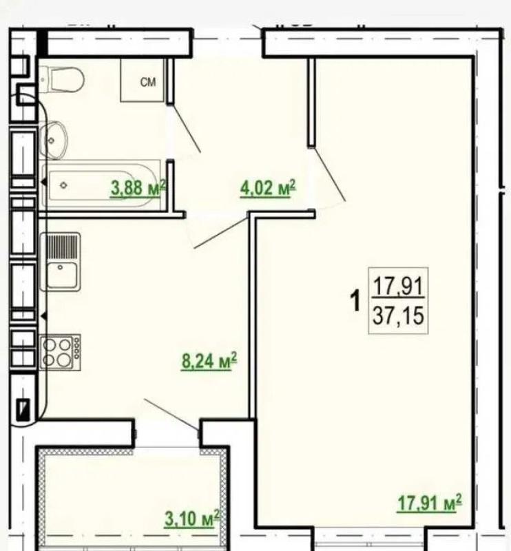 Sale 1 bedroom-(s) apartment 37.5 sq. m., Shevchenka Street