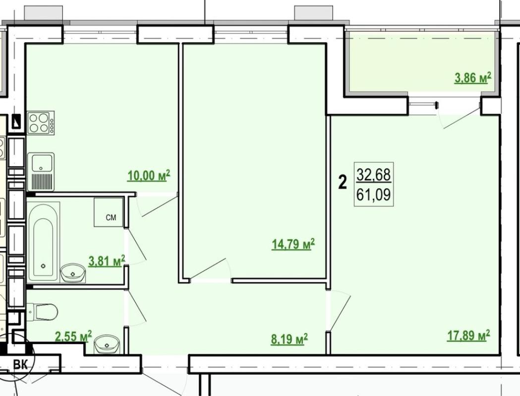 Sale 2 bedroom-(s) apartment 61 sq. m., Shevchenka Street