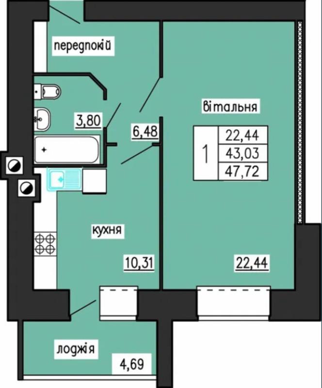 Продаж 1 кімнатної квартири 47 кв. м, Тролейбусна вул. 5