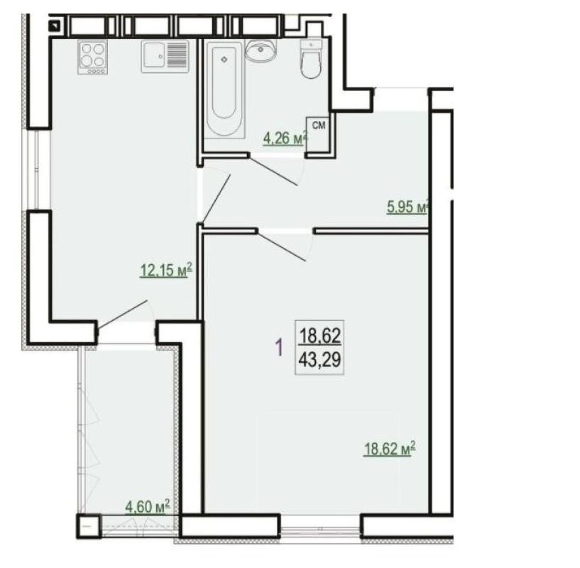 Sale 1 bedroom-(s) apartment 43 sq. m., Poltavsky Shlyakh Street